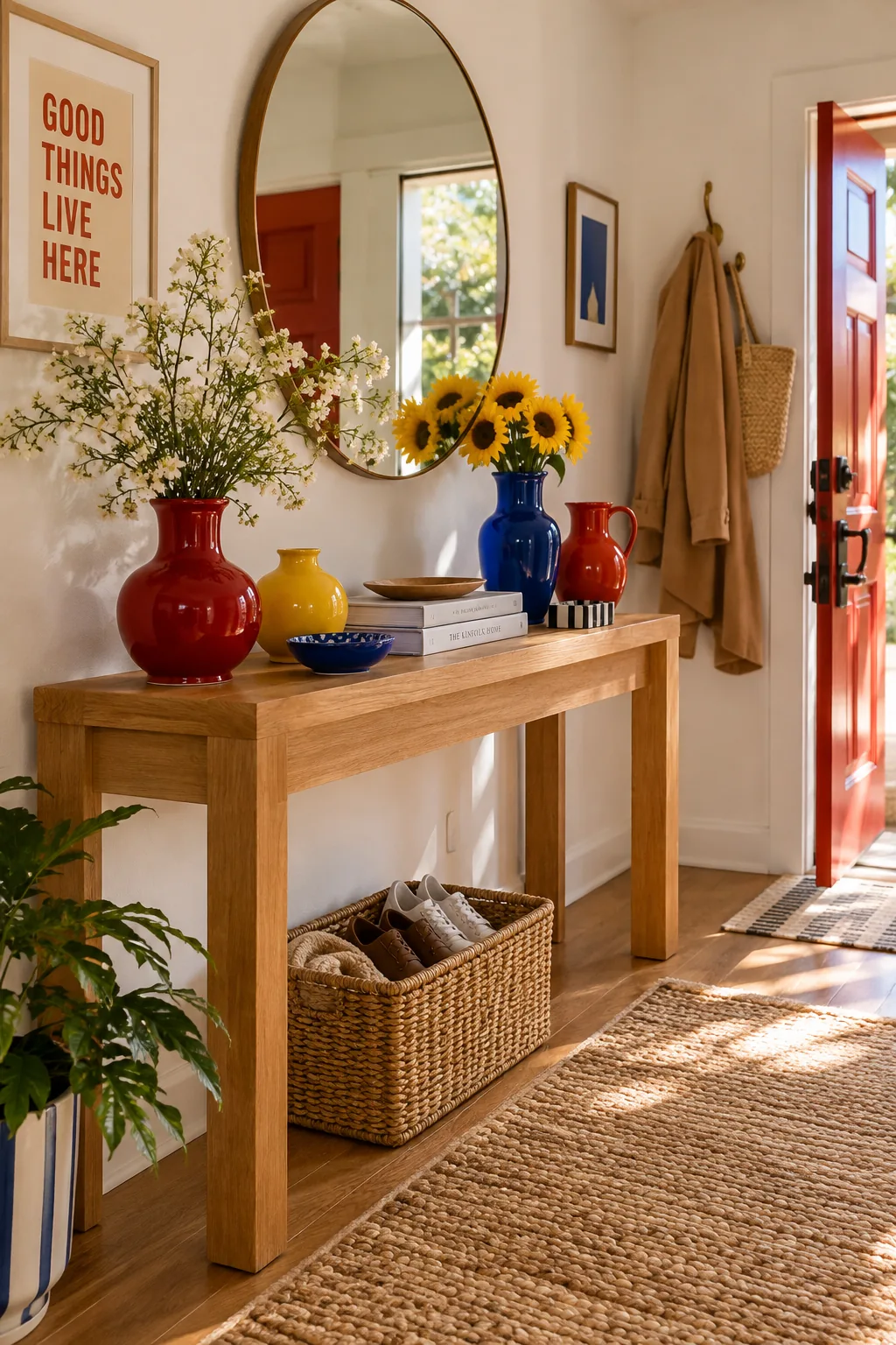 Entryway table styled with a cherry red lamp, yellow bowl, and blue vase.