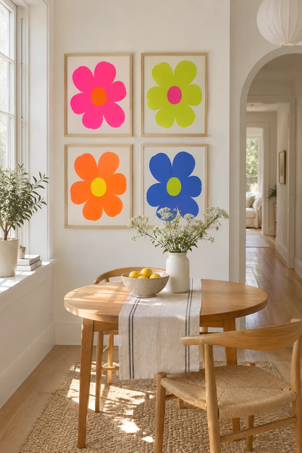 Four identical pop art prints framed in bright neon colors hanging in a tight grid on a white wall.