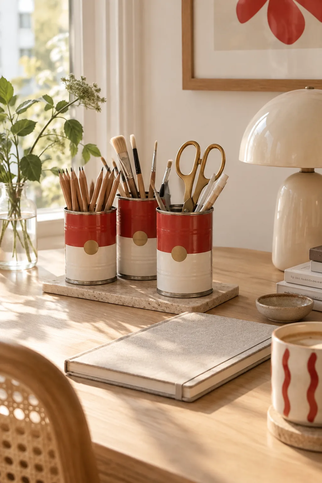 Cleaned vintage soup cans used as pen holders on a colorful modern desk.