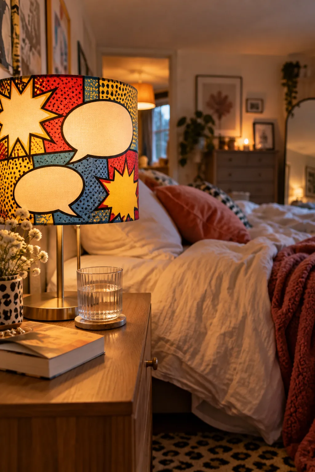 Bedside lamp featuring a drum shade covered in graphic comic book fabric.