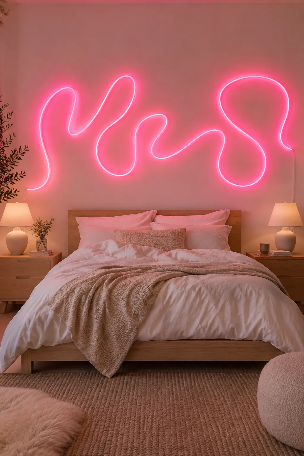 Bright neon text sign glowing above a neatly made bed in a dark room.