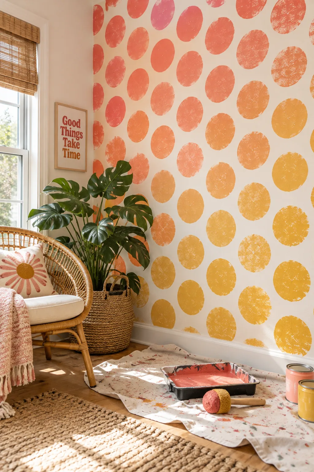 White accent wall stamped with a uniform pattern of large Ben-Day dots.
