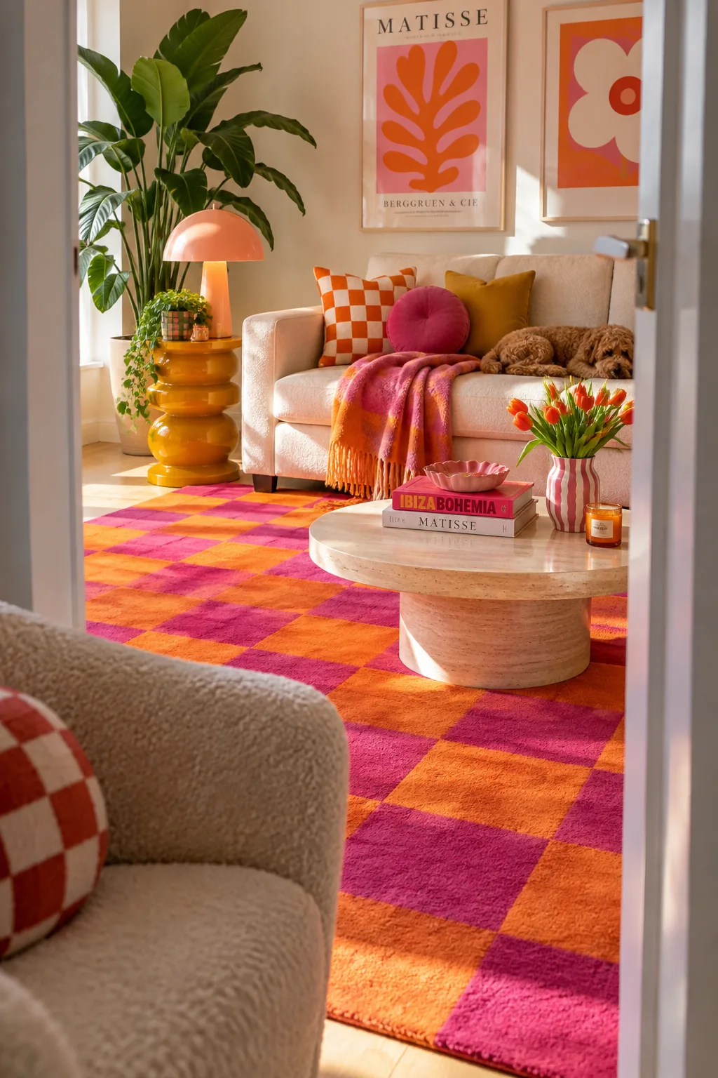 Tangerine and magenta checkered rug under a clear acrylic coffee table.
