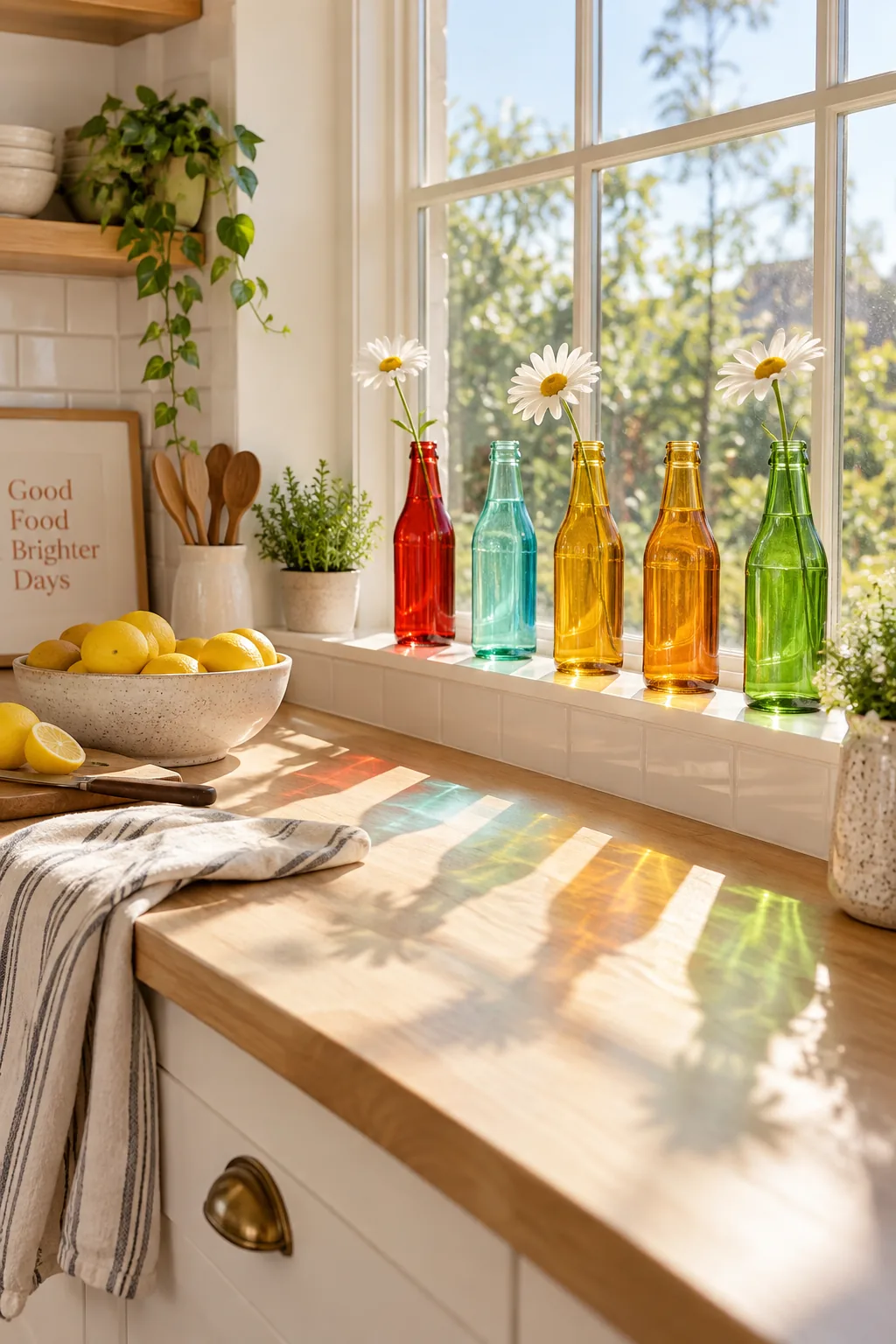 Brightly colored glass soda bottles lined up along a sunny kitchen windowsill.