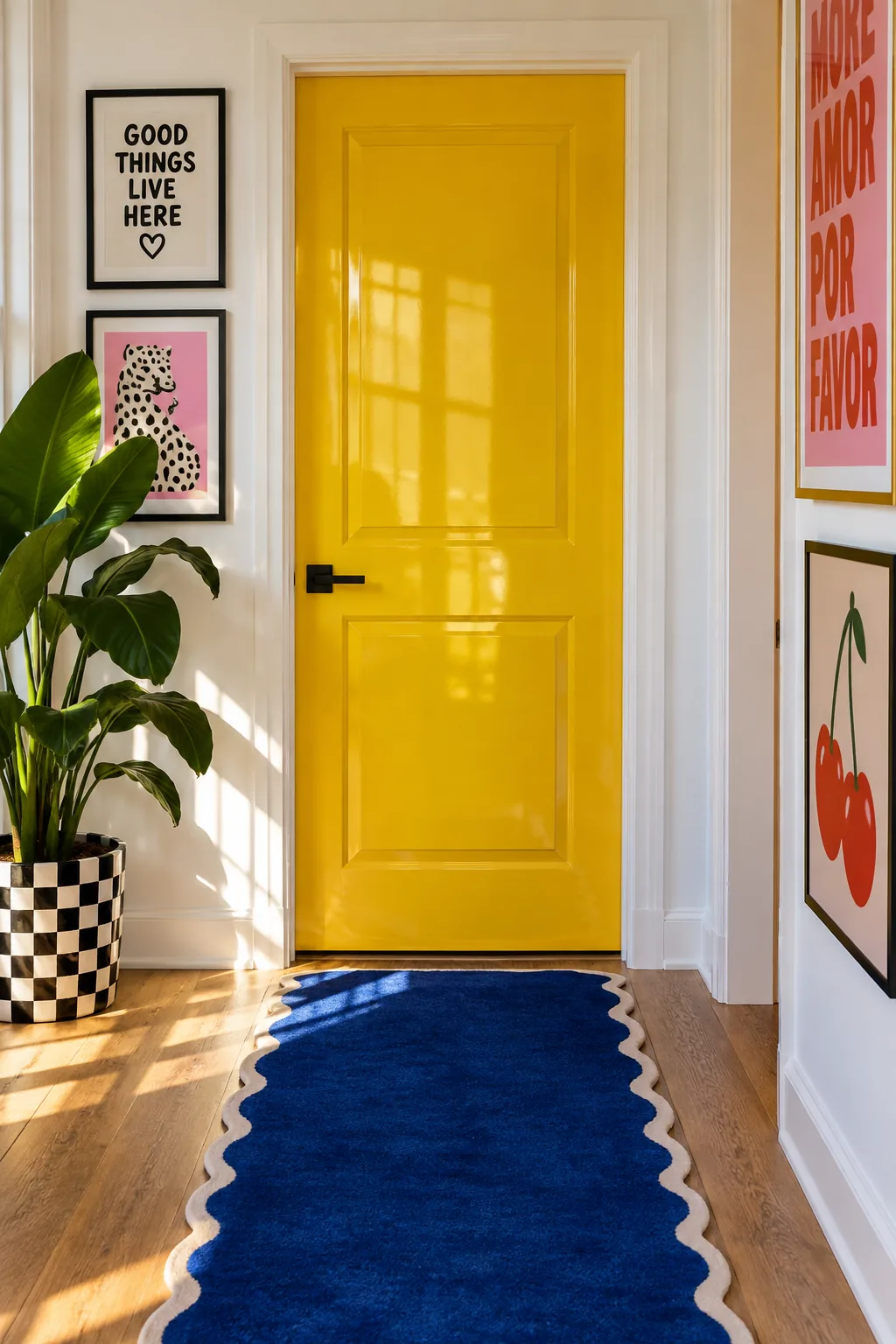 Interior hallway door painted in high-gloss yellow.