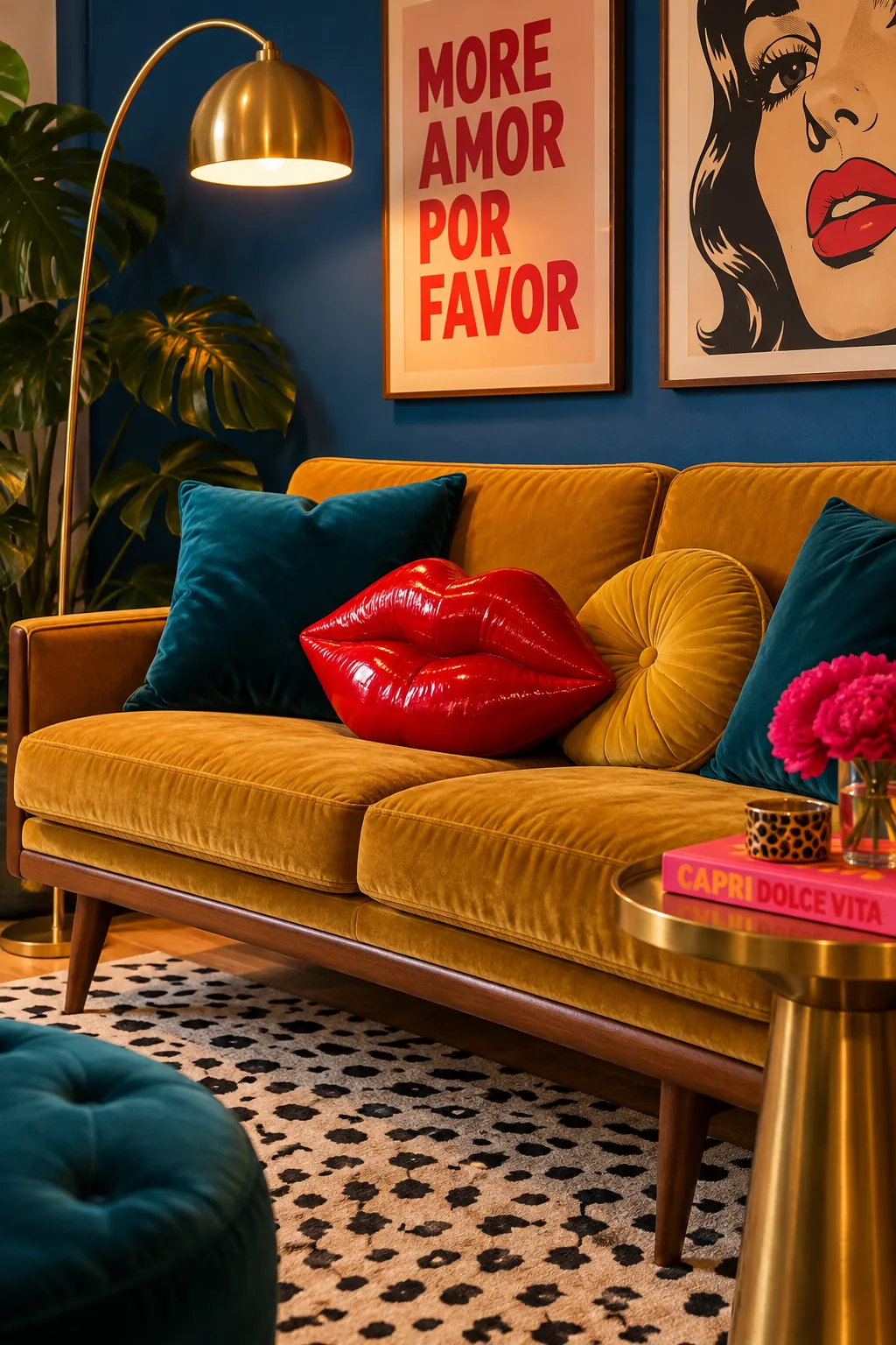 Lip-shaped throw pillow resting on a structured mid-century modern velvet sofa.