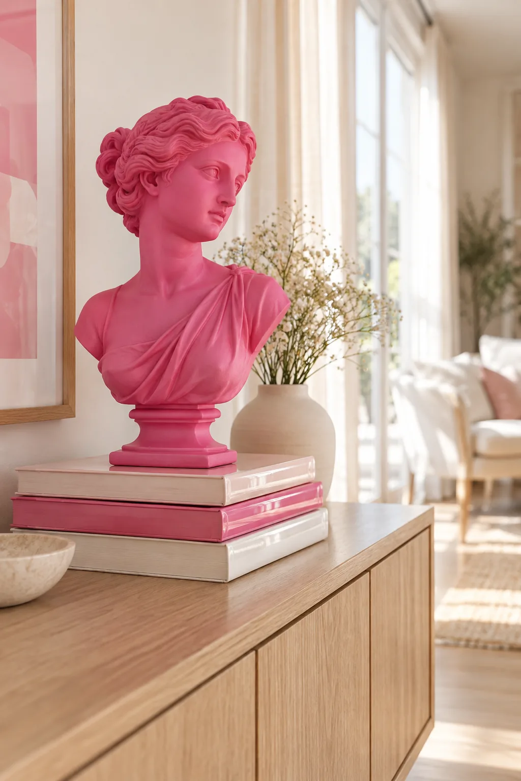 Classical plaster bust painted bubblegum pink sitting on a stack of art books.