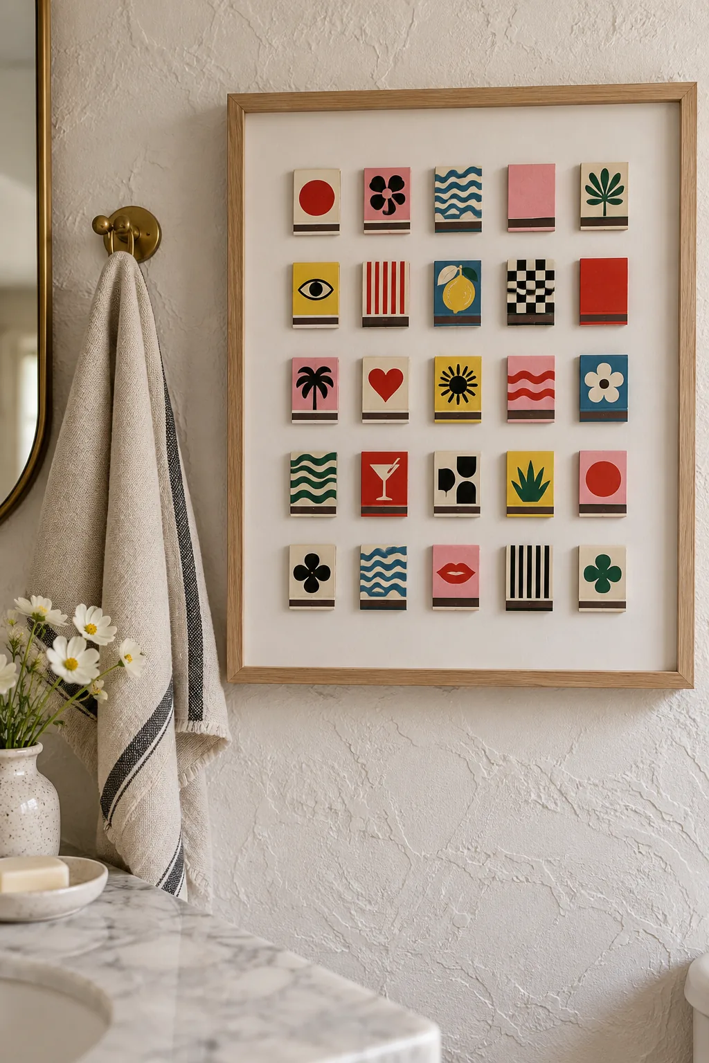 Collection of colorful vintage matchbooks framed with a wide white mat in a modern bathroom.