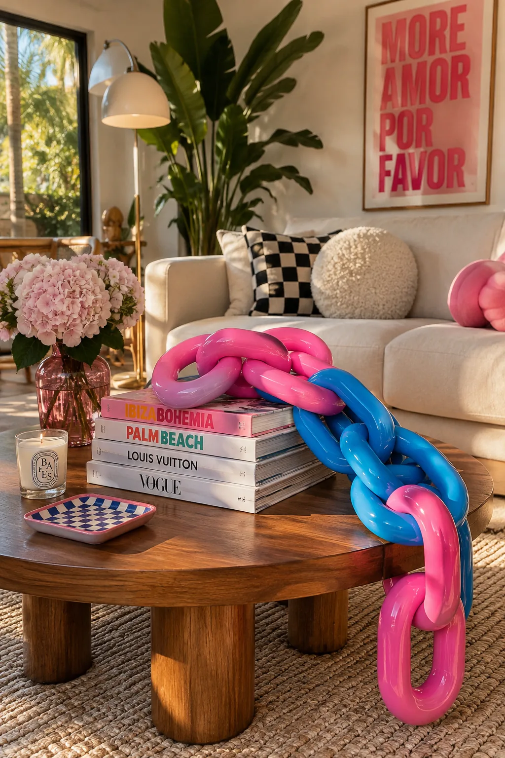 Chunky oversized plastic chain links draped over fashion magazines on a coffee table.