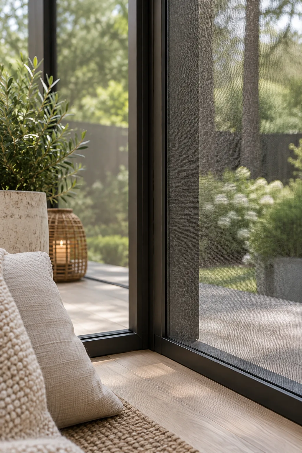 Modern porch with large floor-to-ceiling screens and no crossbars