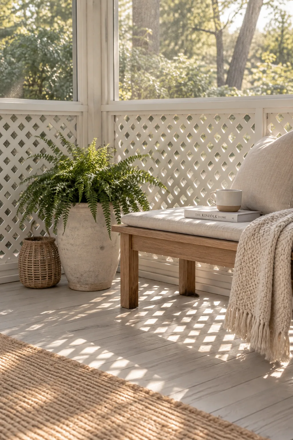 Lower half of a porch enclosed with painted wood lattice and screen behind it