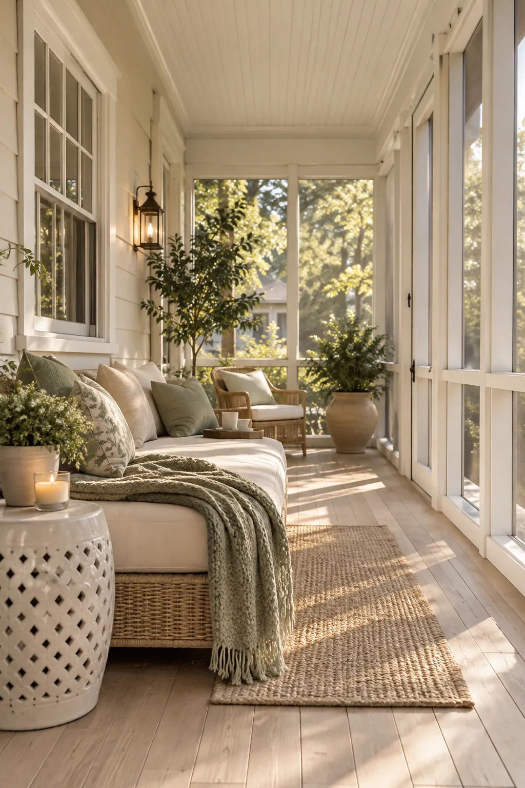 Screened porch with framing painted to perfectly match the home's white trim