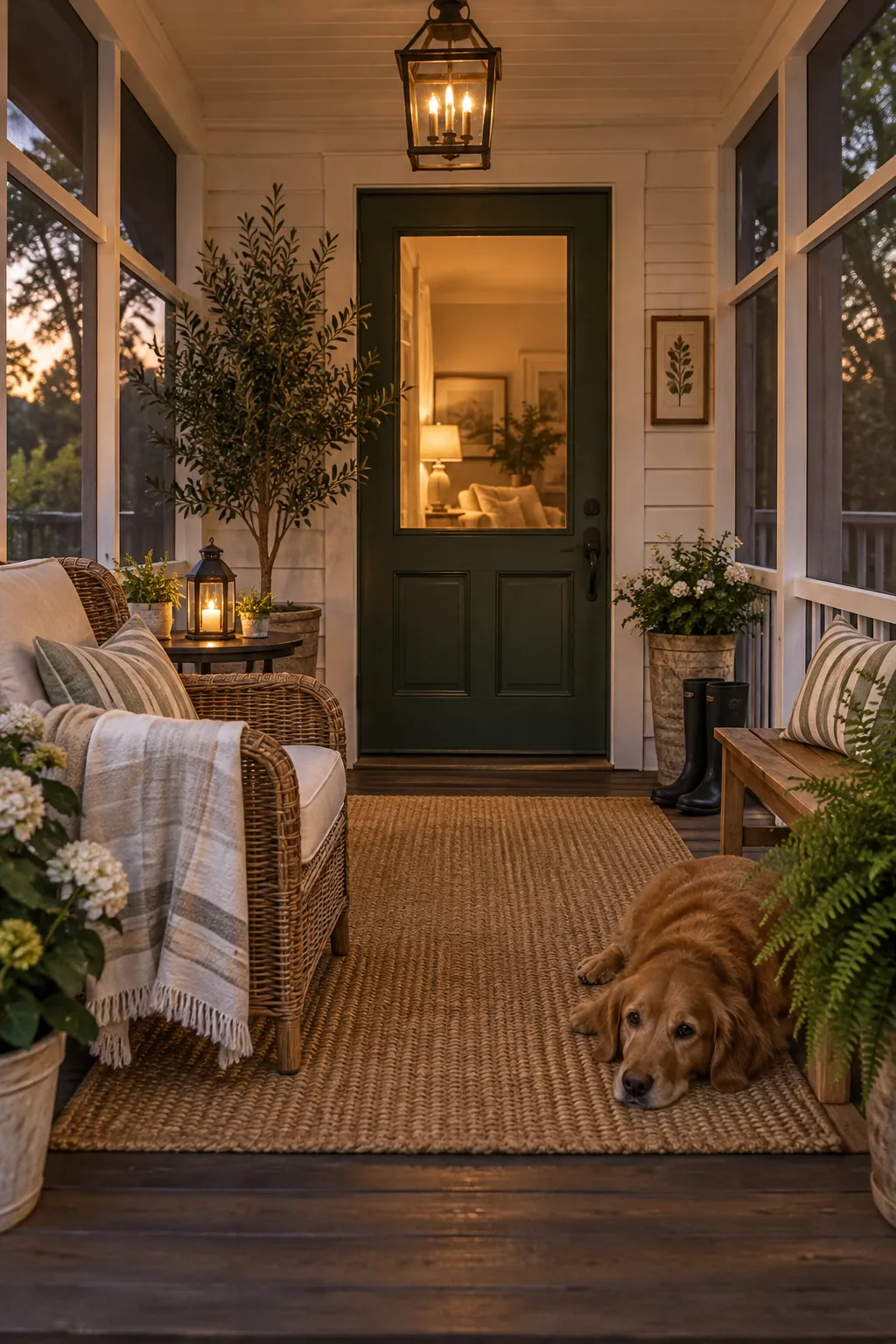 Heavy wood storm door painted navy blue on a screened porch