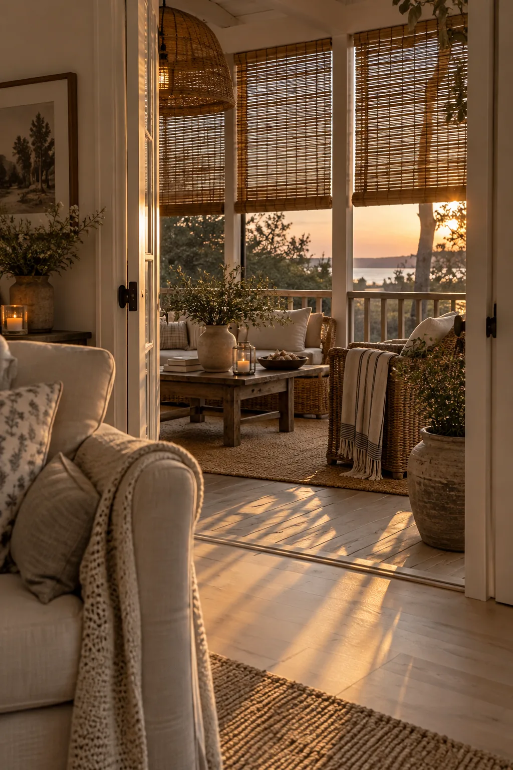 Screened porch with woven bamboo blinds rolled down for privacy