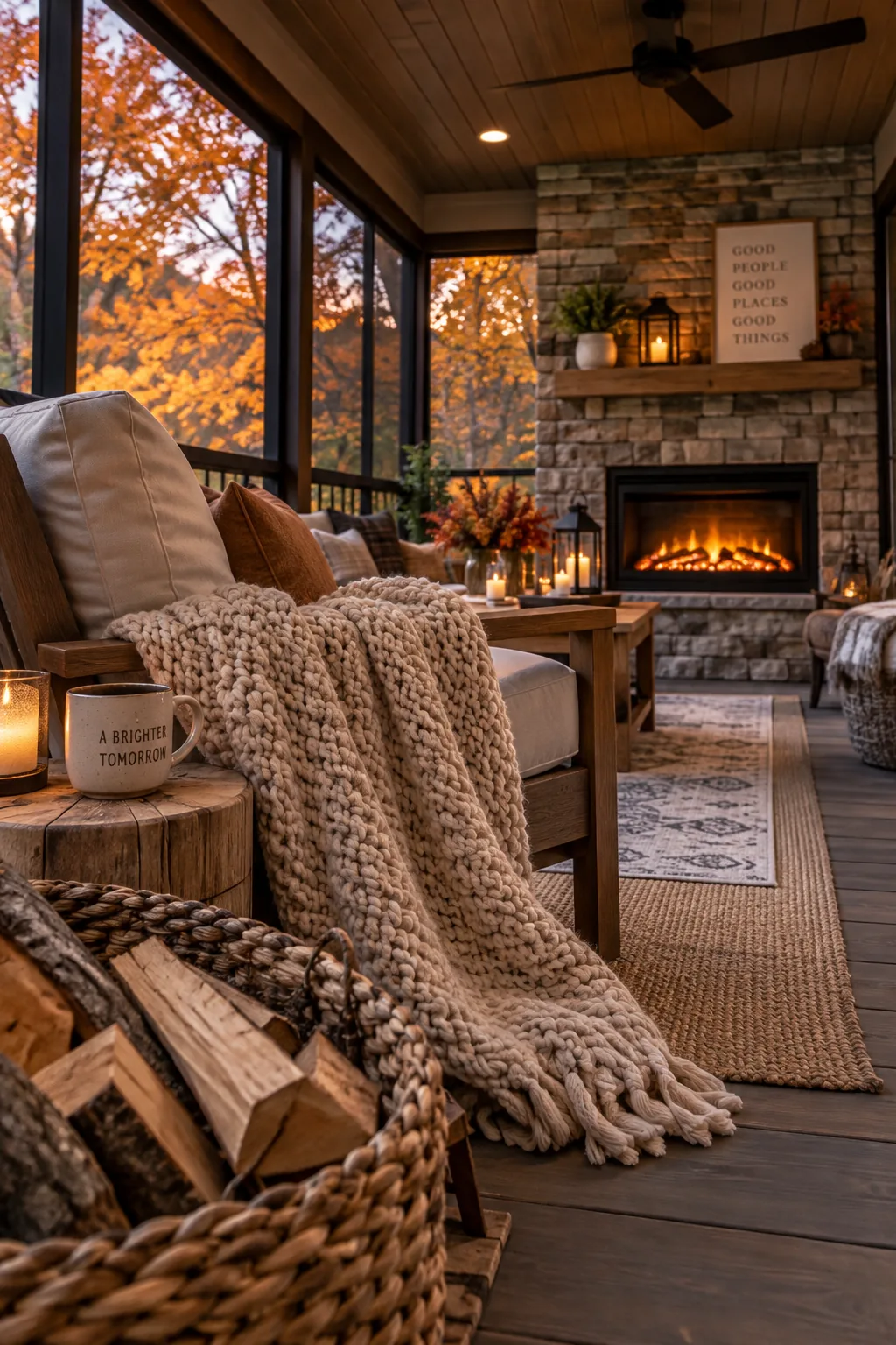 Cozy enclosed porch with a stone wall and built-in electric fireplace