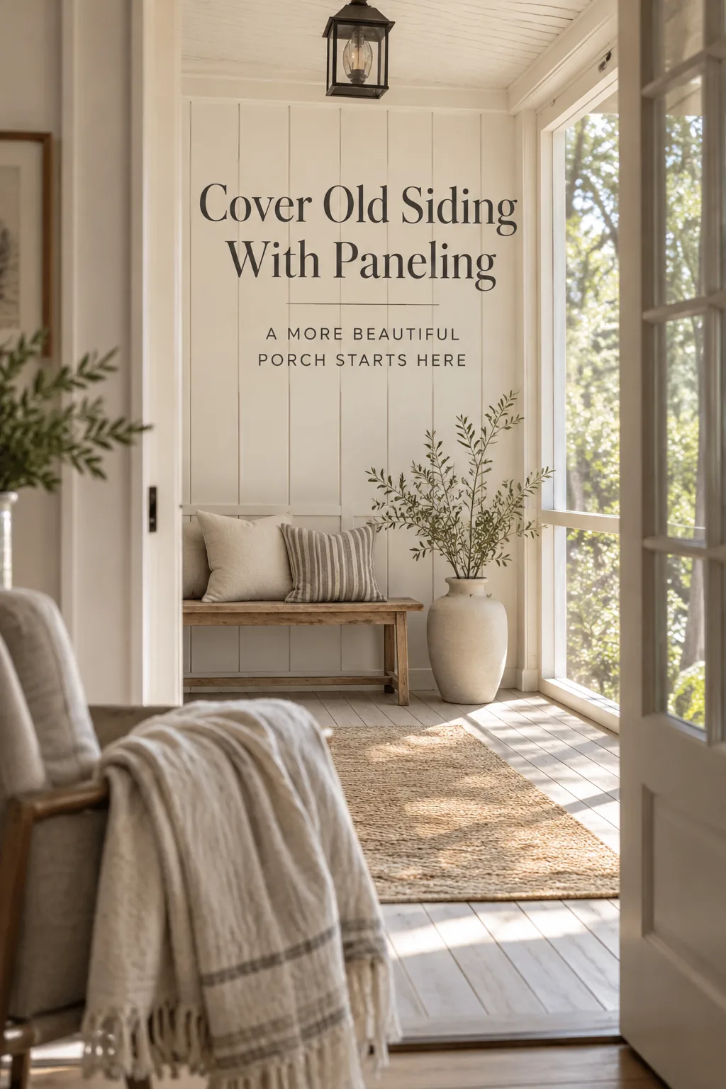 Enclosed porch interior with white shiplap covering the original exterior house siding