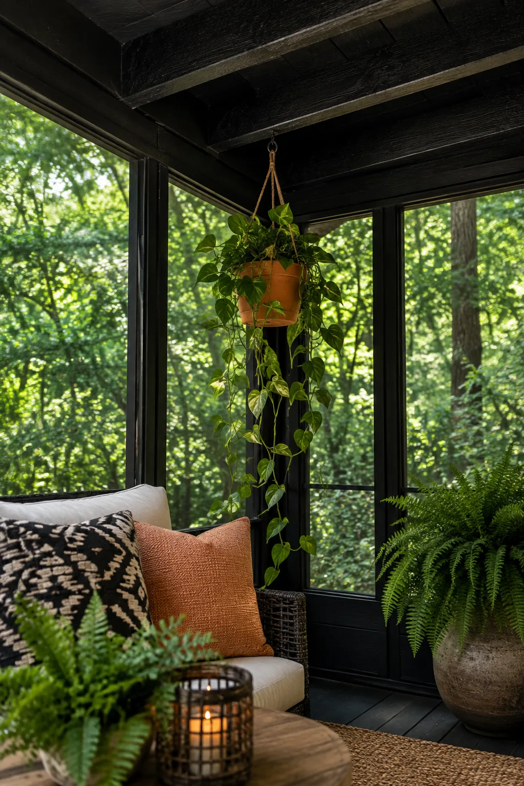 Porch enclosure with exposed ceiling joists and screen trim painted matte black
