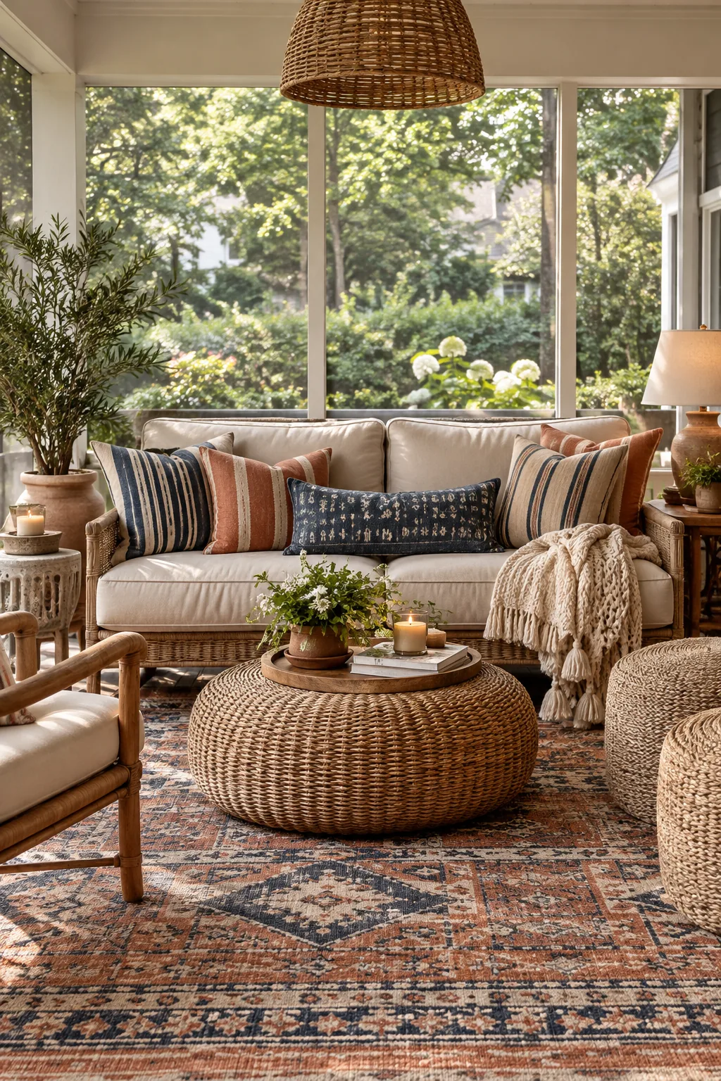 Enclosed porch decorated with a large rug, plush pillows, and airy curtains