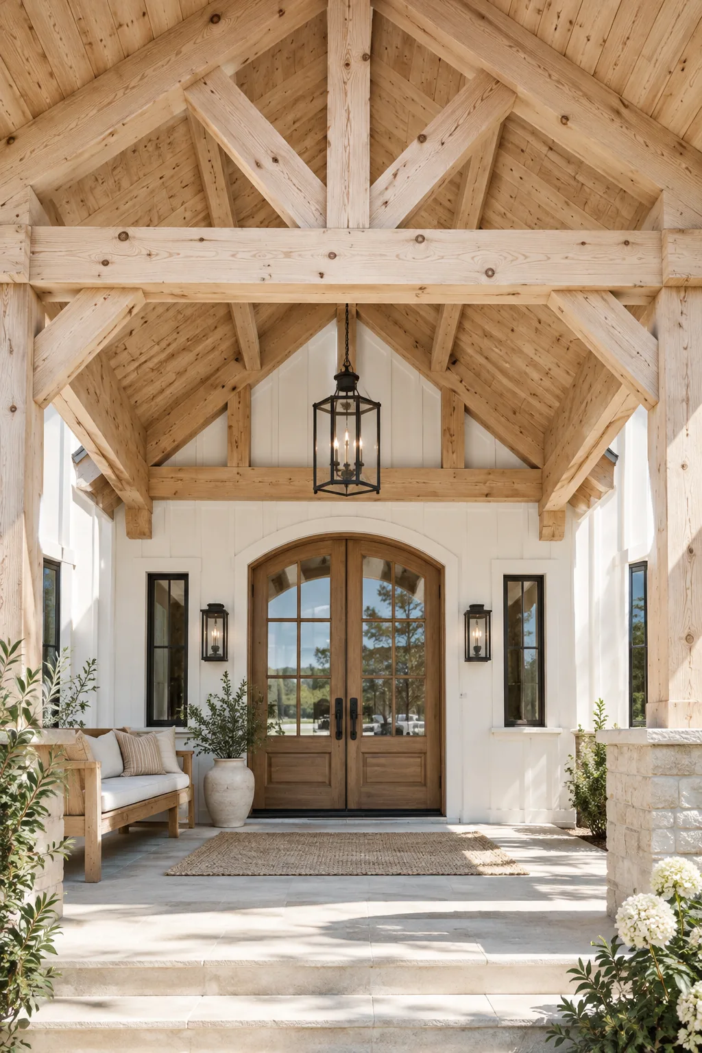 Cathedral porch roof with thick exposed wooden trusses