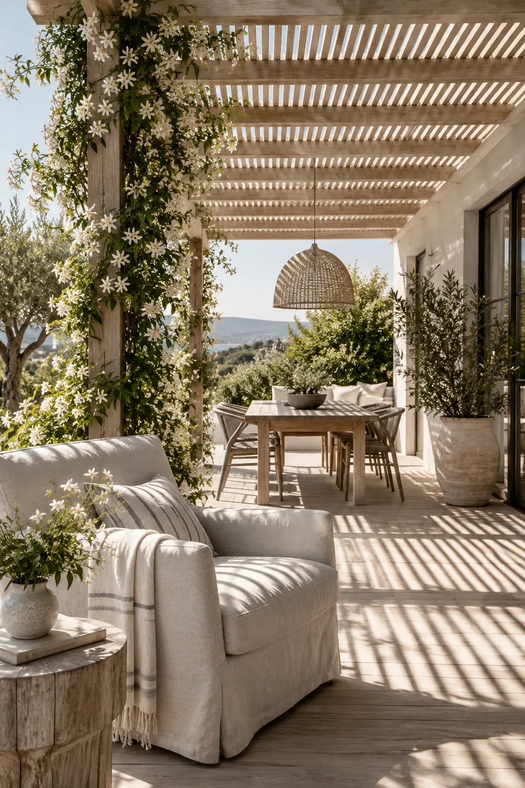 Wooden pergola porch roof with closely spaced slats casting shadows
