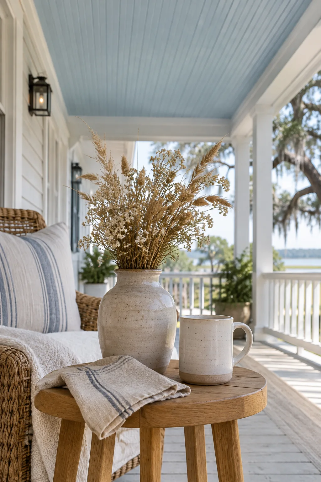 Porch ceiling finished in light blue painted beadboard