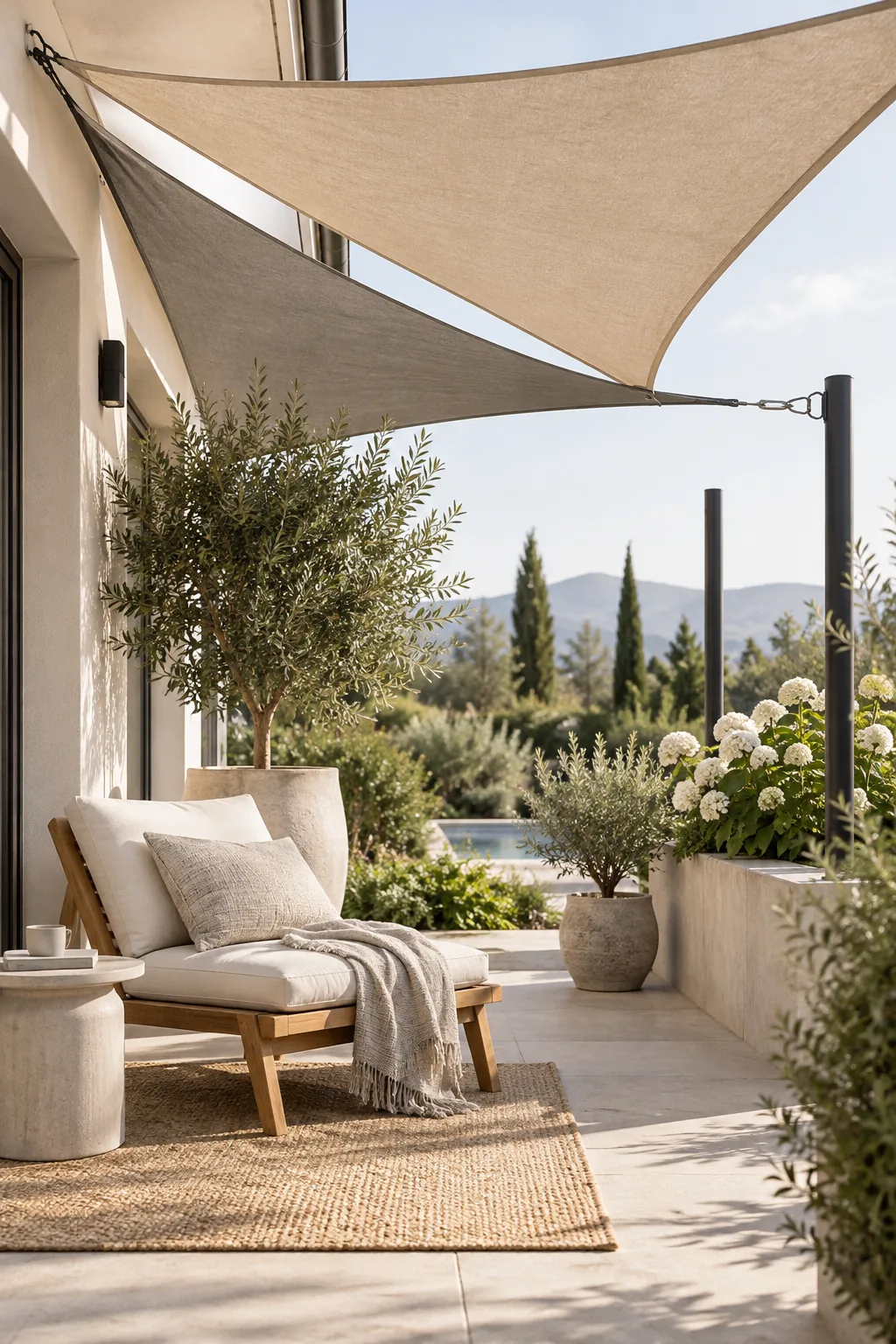 Three overlapping triangular shade sails stretched over a patio