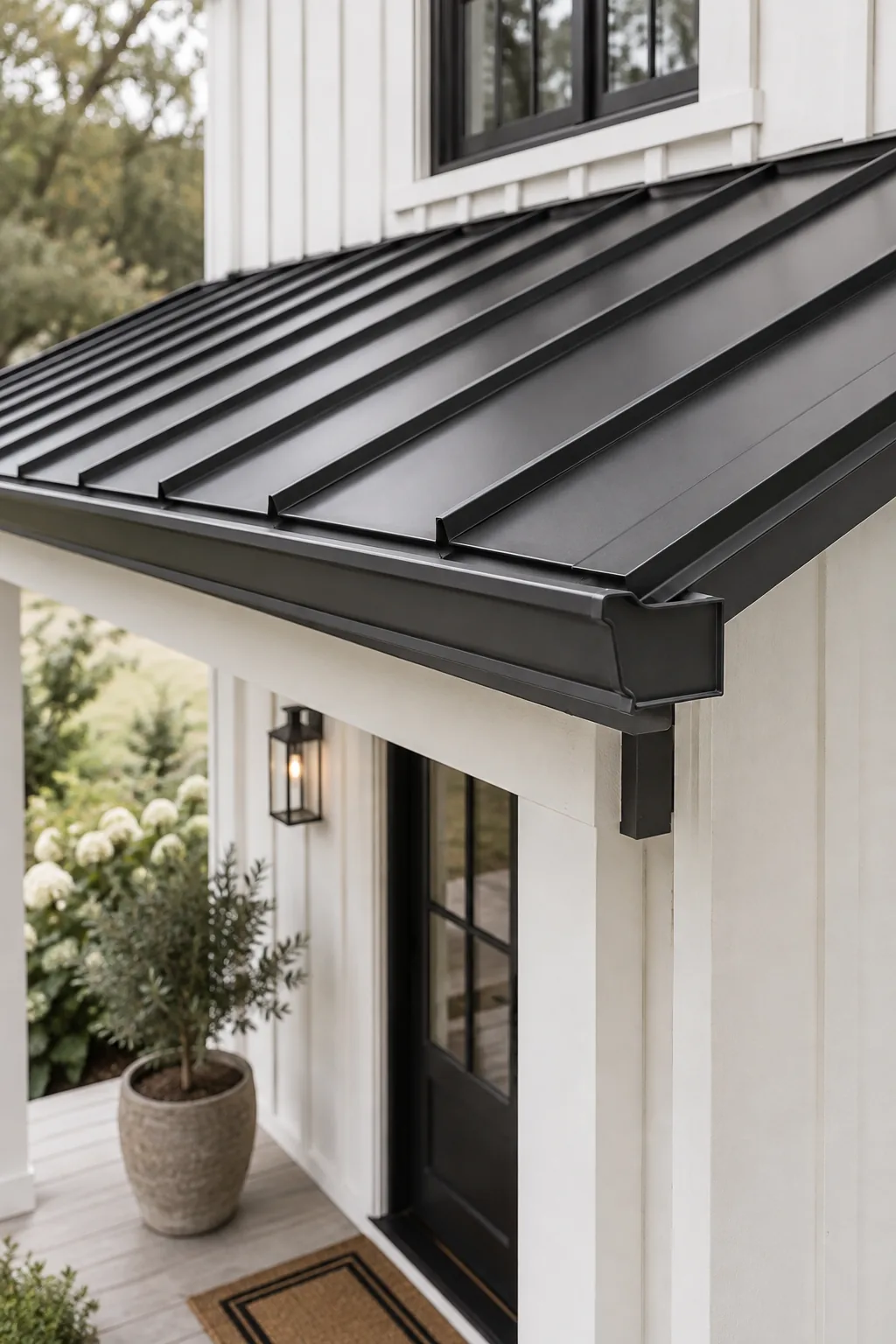 Modern farmhouse porch with a matte black standing seam metal roof