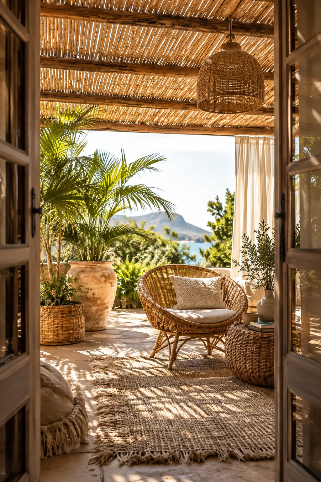 Porch roof covered in tightly woven bamboo reed rolls