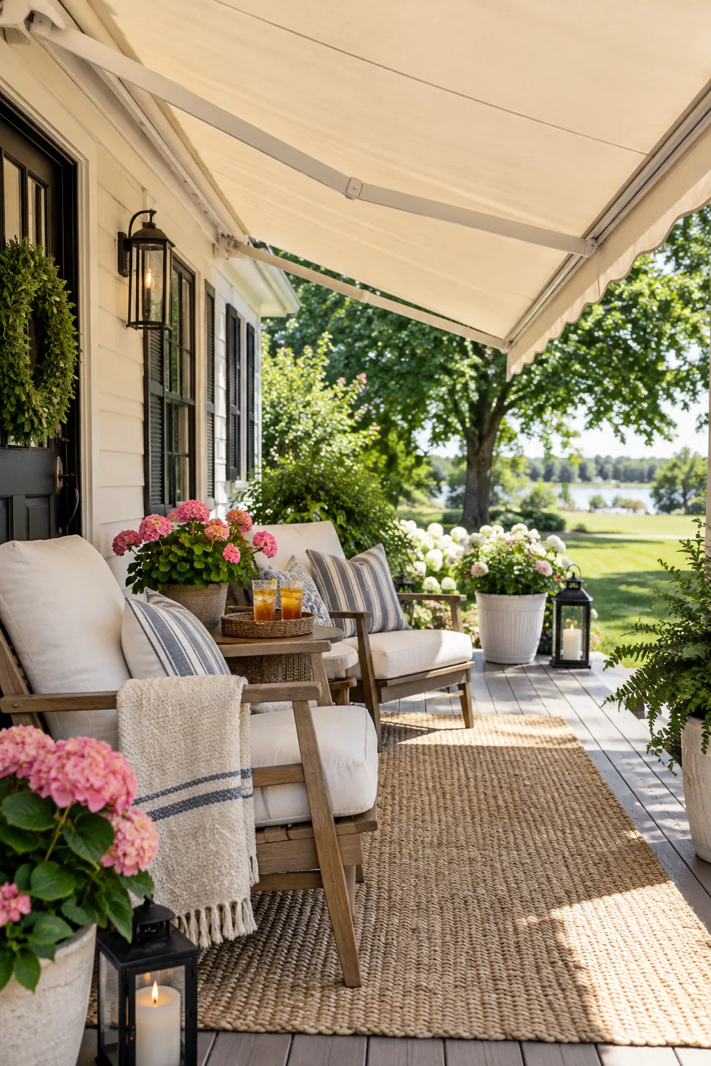 Striped retractable canvas awning extended over a wooden deck