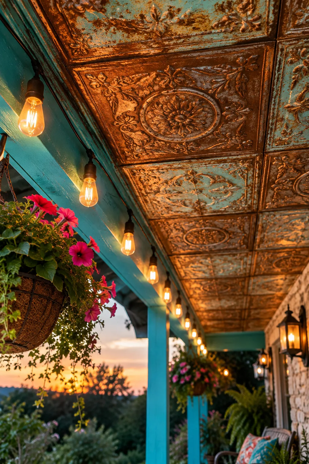 Porch ceiling covered in vintage stamped tin tiles with slight rust