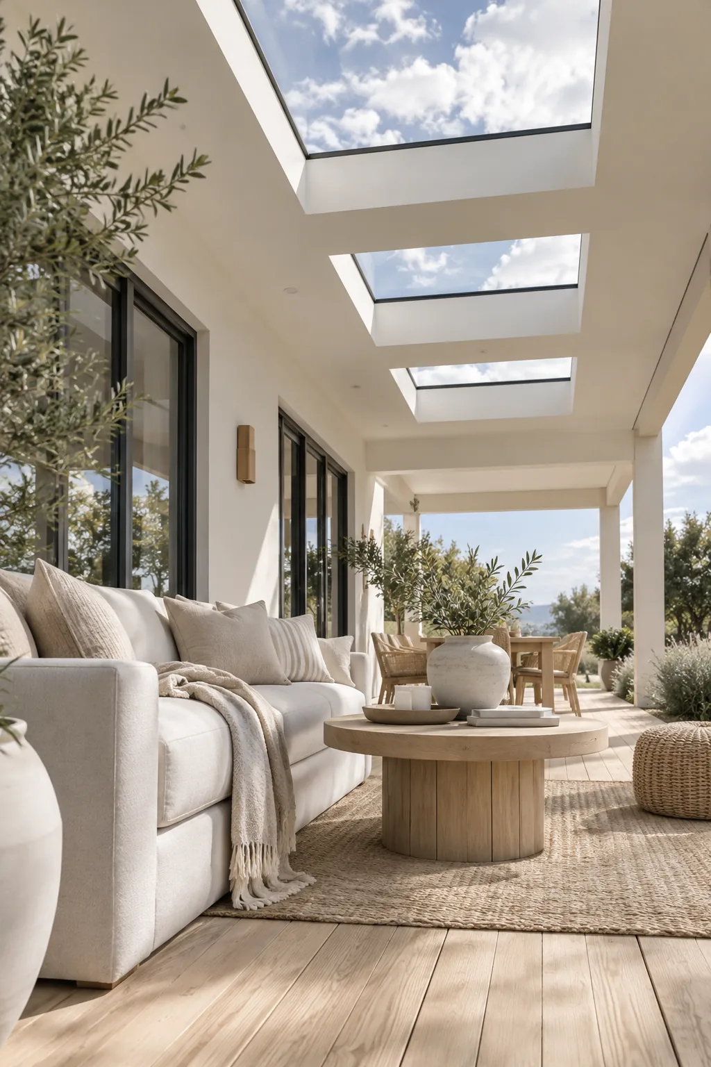 Flat modern porch roof featuring two large rectangular skylights