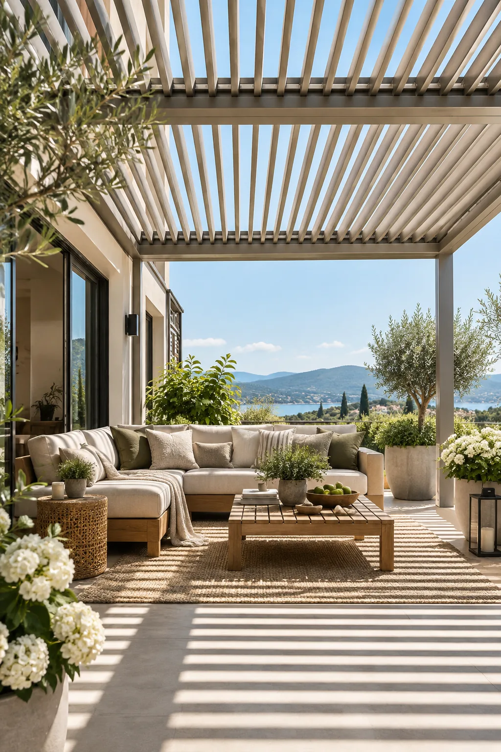 Aluminum louvered roof system over a patio with slats partially open