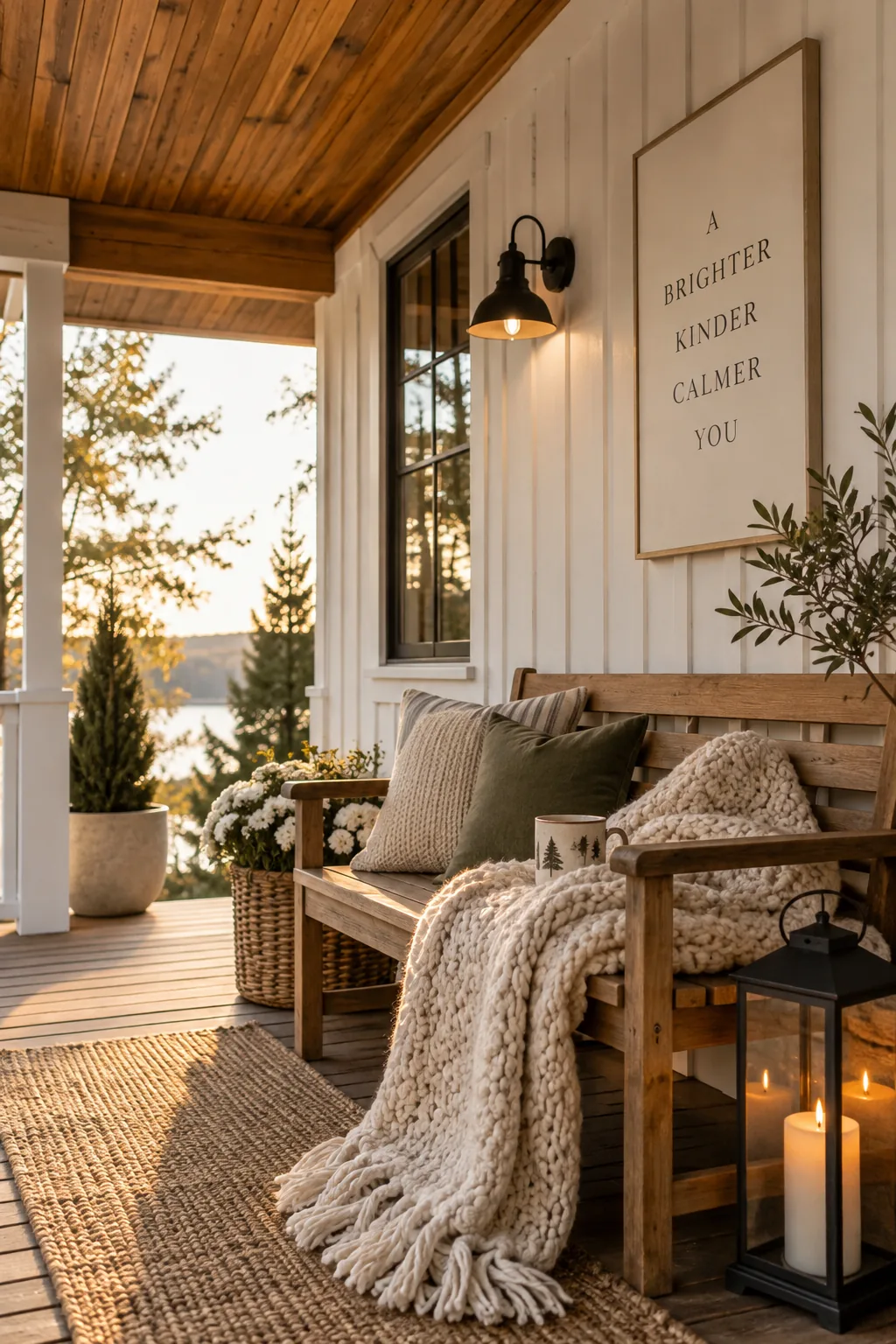 Porch ceiling clad in warm stained V-groove pine planks