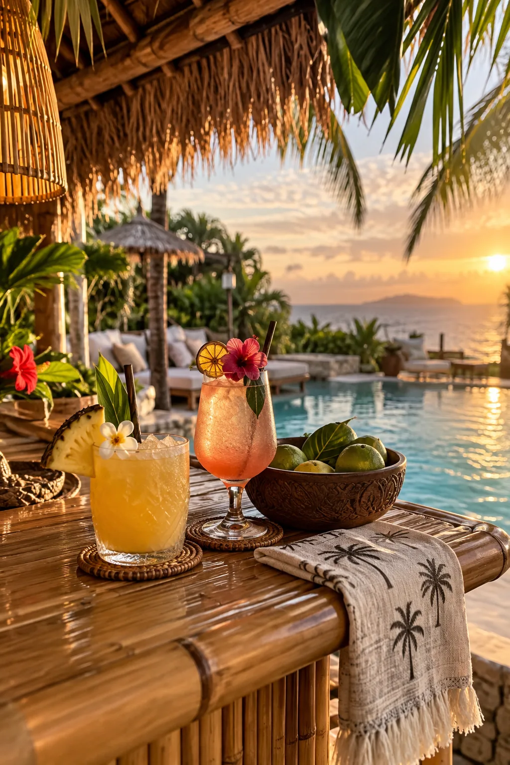 Poolside porch structure covered in thick synthetic palm thatch