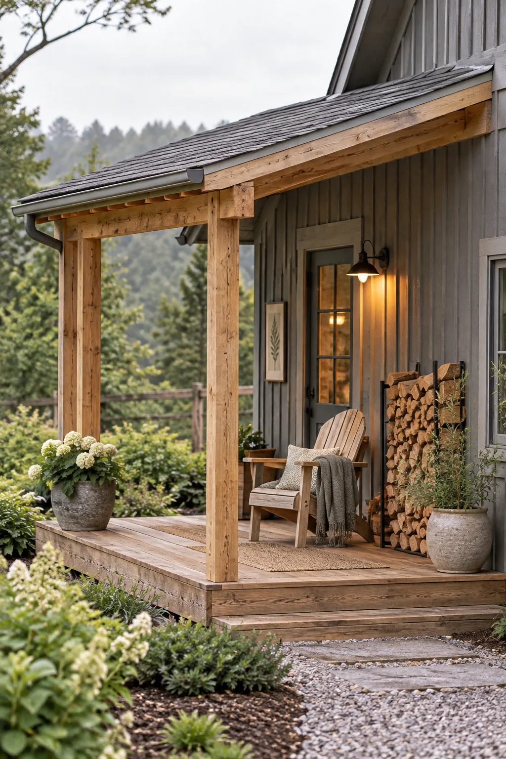 Simple shed-style slanted roof extending from a house over a wooden deck