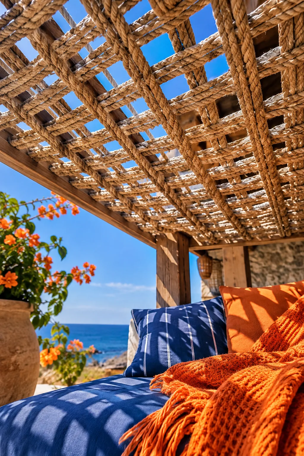 Thick nautical rope woven tightly across wooden patio rafters