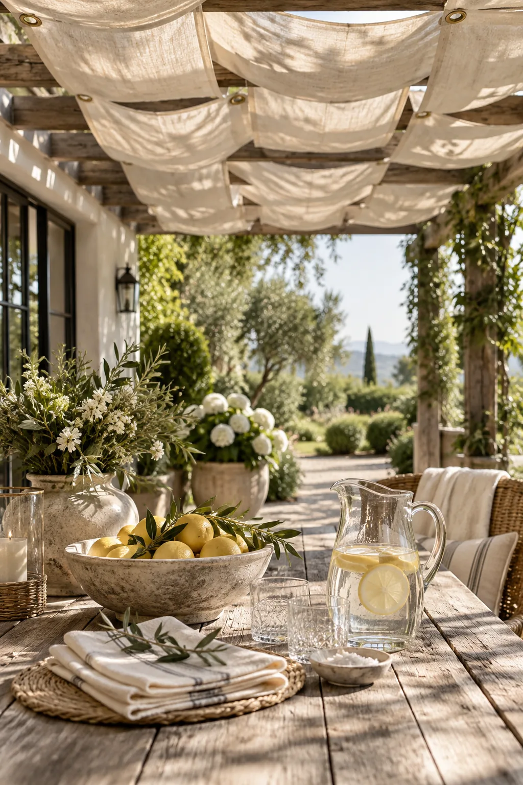 White canvas drop cloths woven through a wooden pergola roof