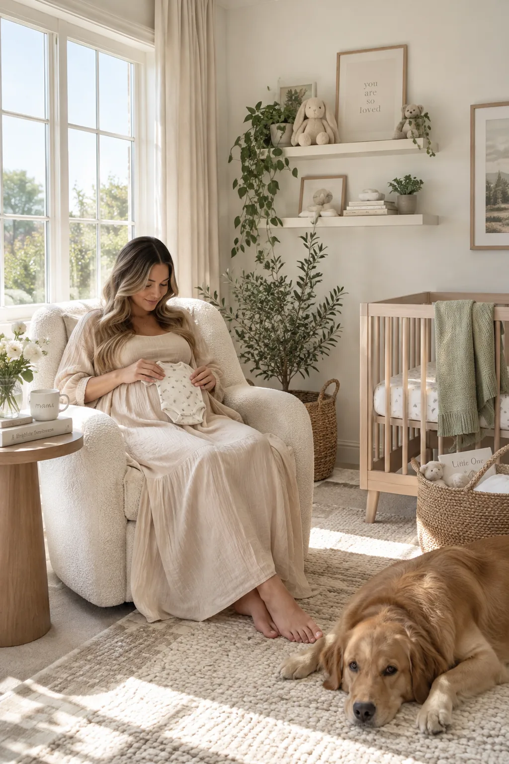 Pregnant woman holding a baby onesie in a nursery glider