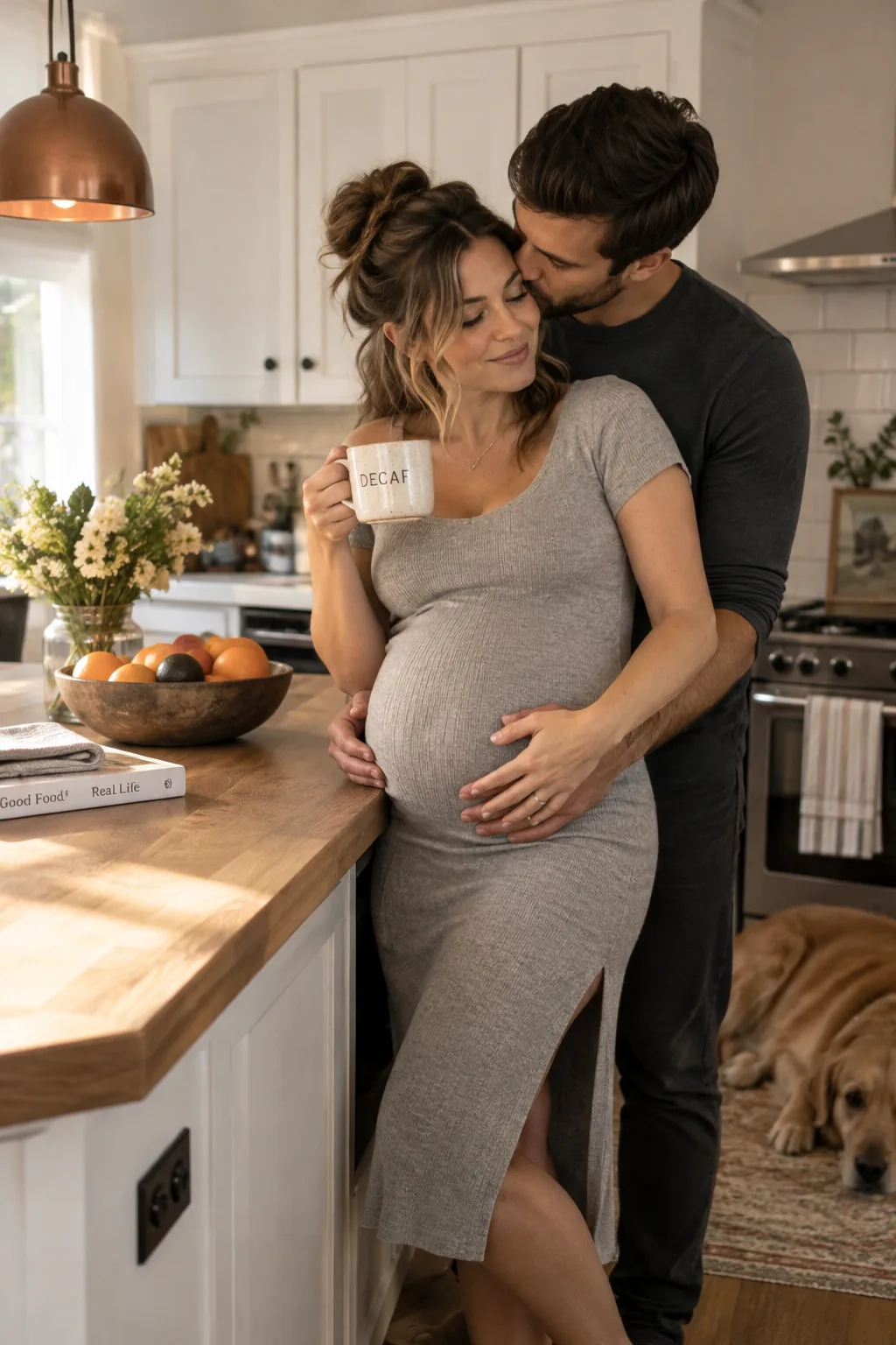 Pregnant woman leaning against kitchen island with coffee mug