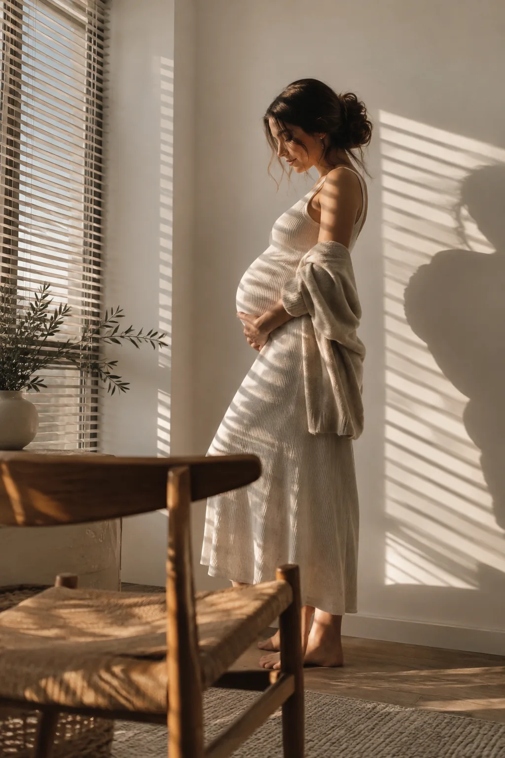 Shadows from window blinds falling across a pregnant woman's belly