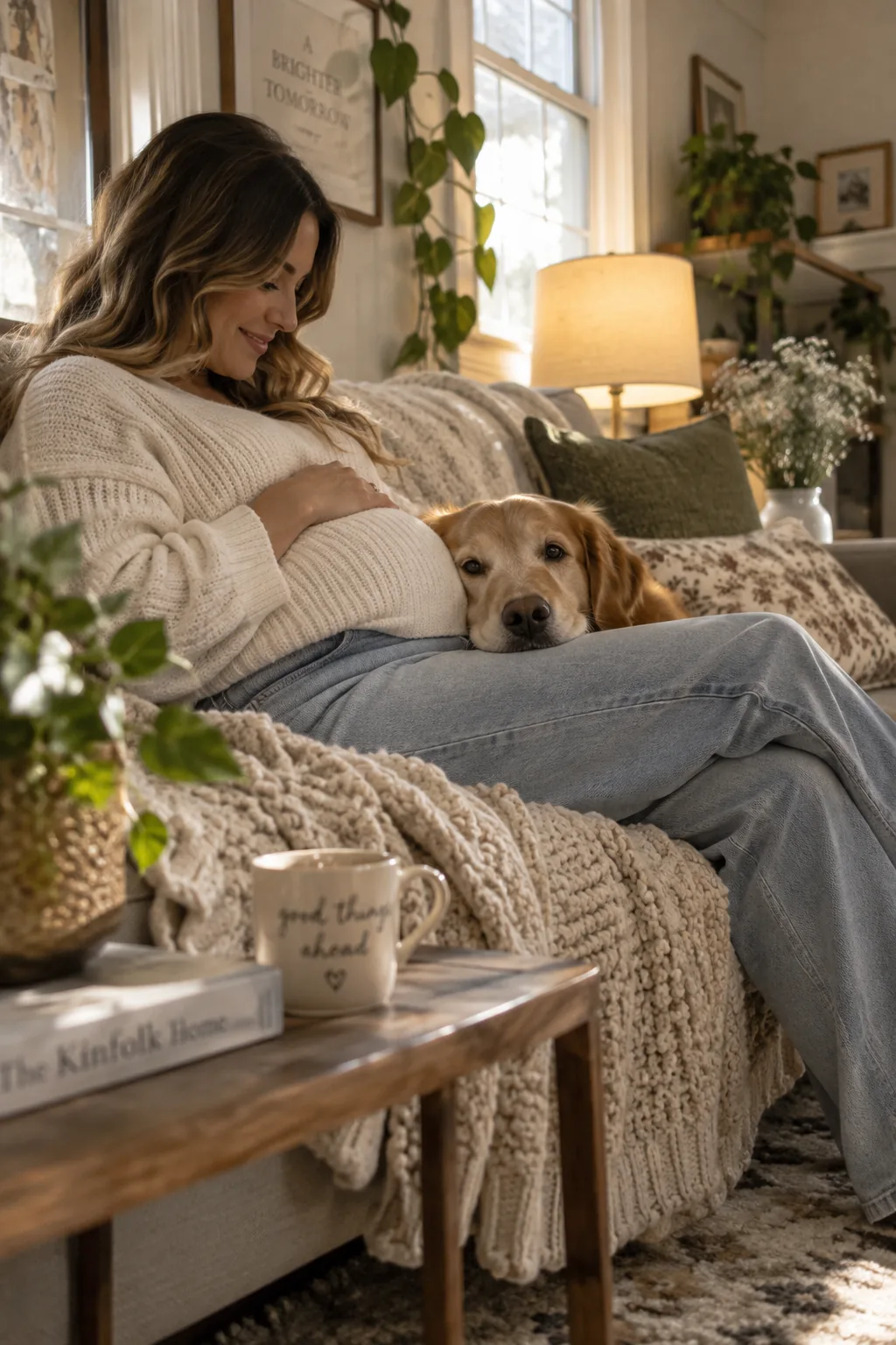 Dog resting its head on a pregnant woman's lap