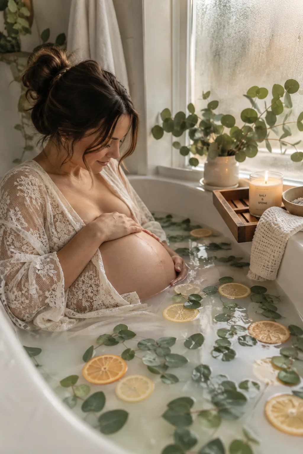 Pregnant woman in a milk bath with floating eucalyptus leaves