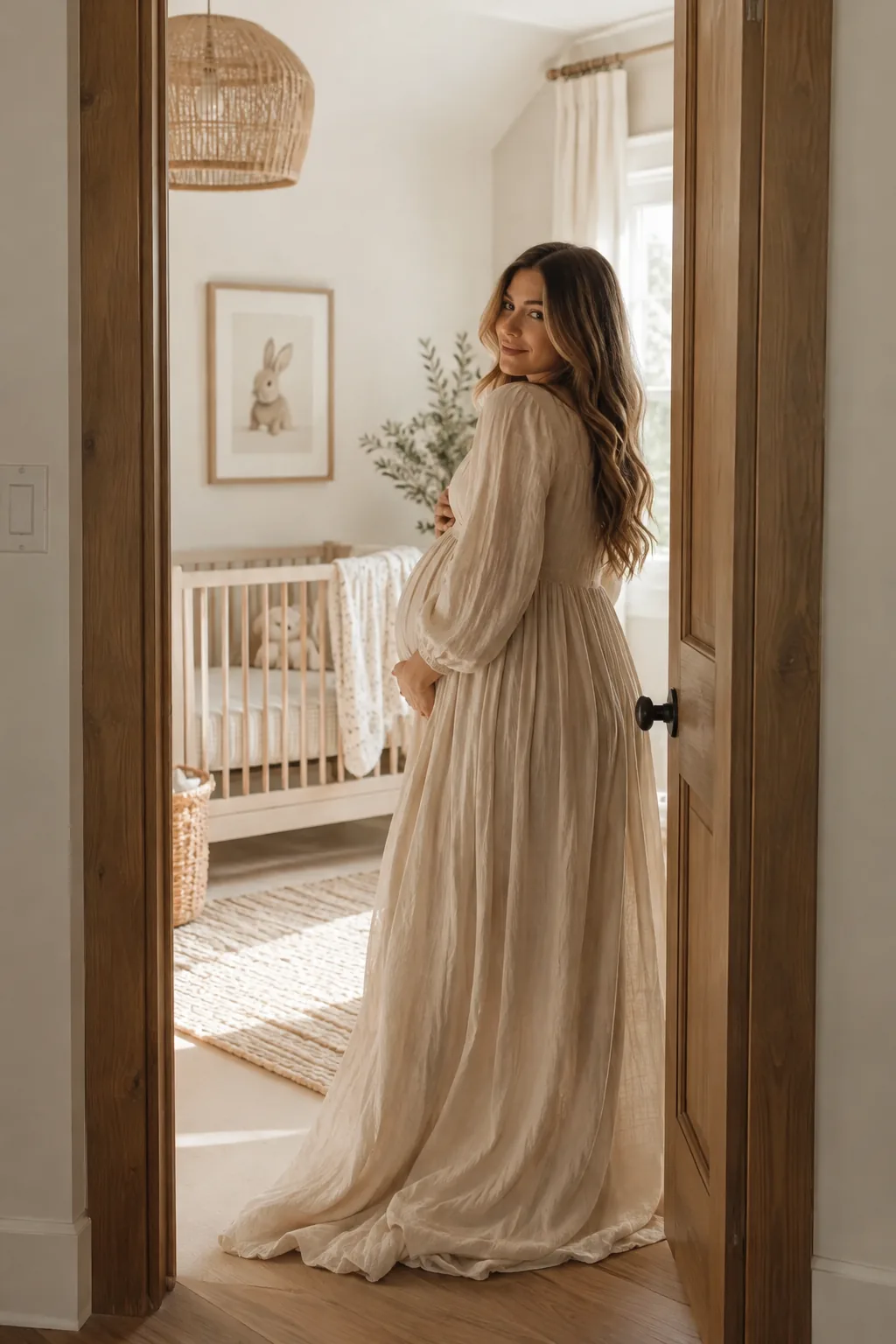 Pregnant woman in a maxi dress standing in a nursery doorway