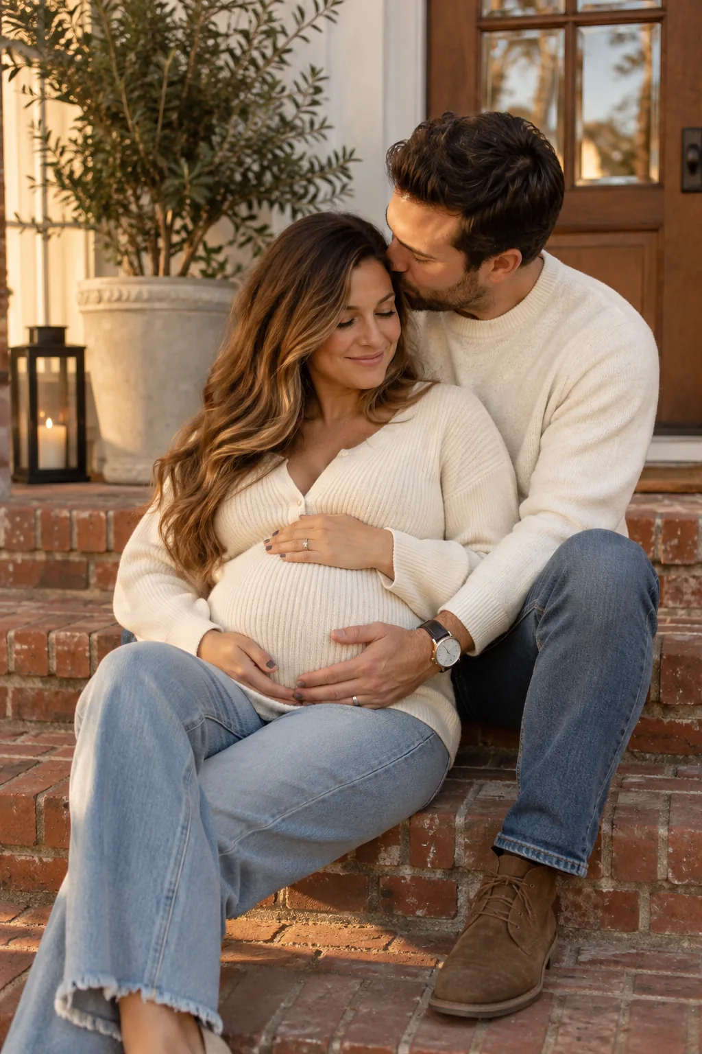 Couple sitting together on brick front porch steps