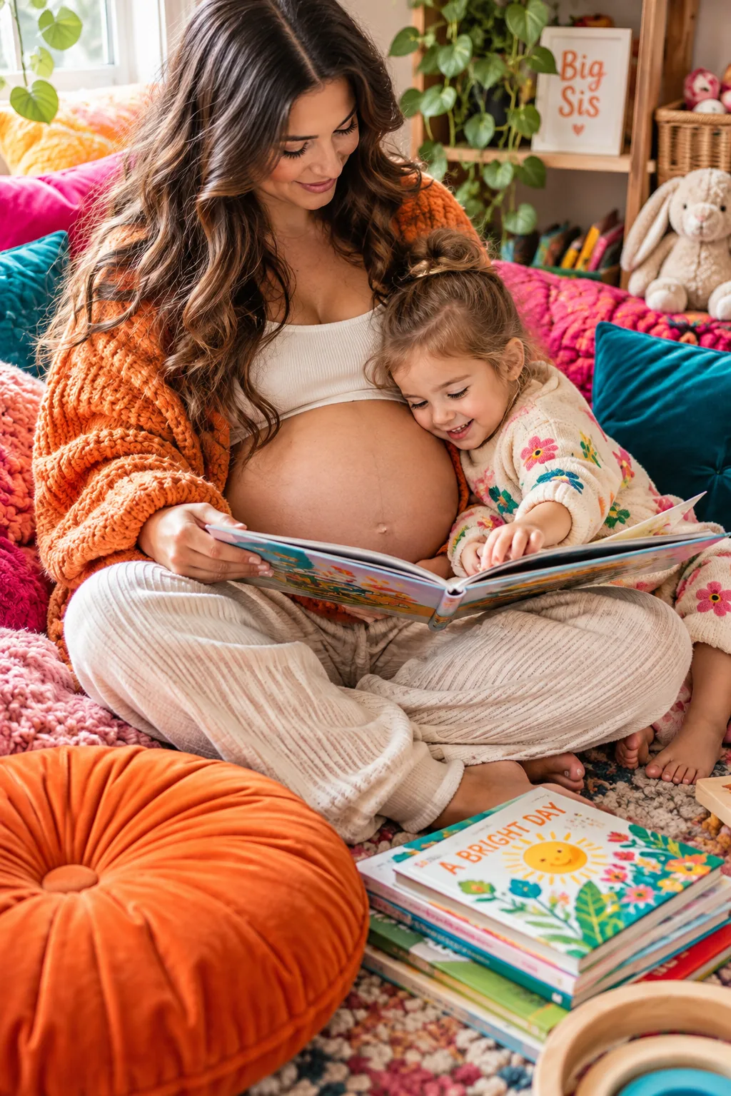 Toddler leaning against pregnant mom's belly reading a book