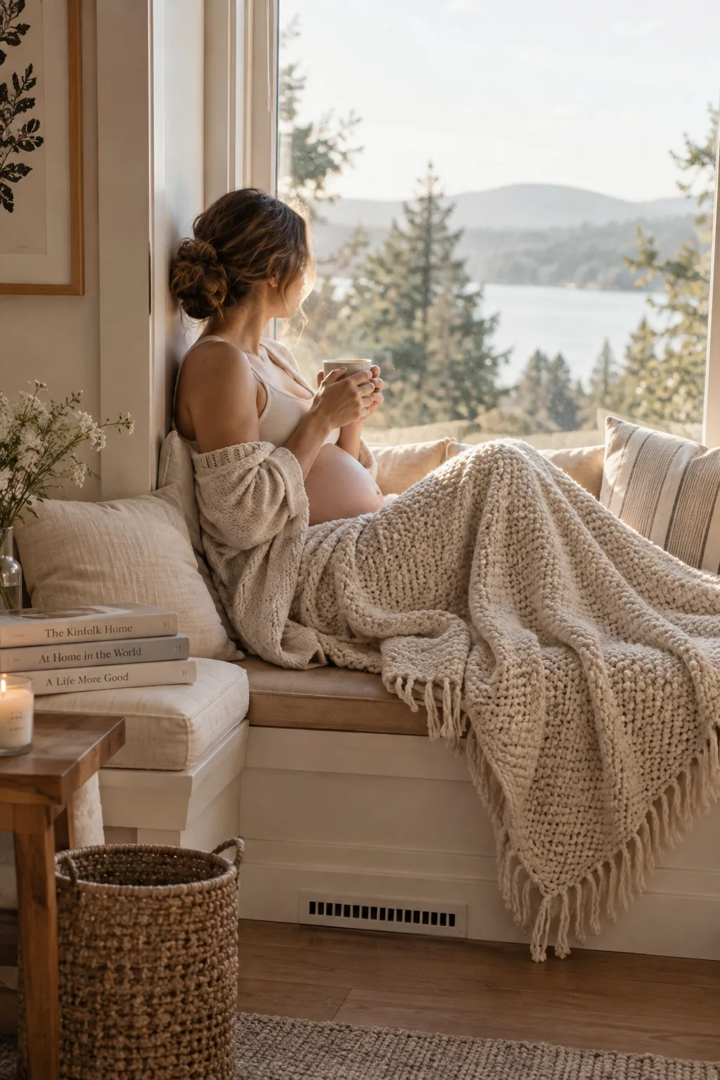 Pregnant woman sitting in a window seat with a throw blanket