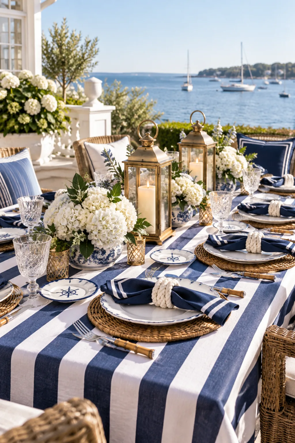 A nautical tablescape with navy striped linens and brass lanterns on a patio.