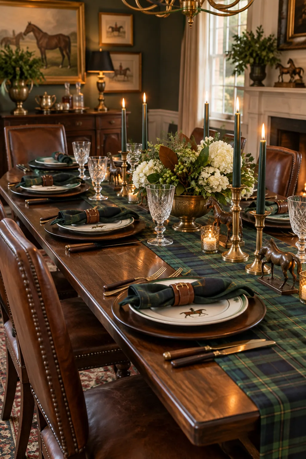 An equestrian-themed tablescape with a green plaid runner and leather accents.