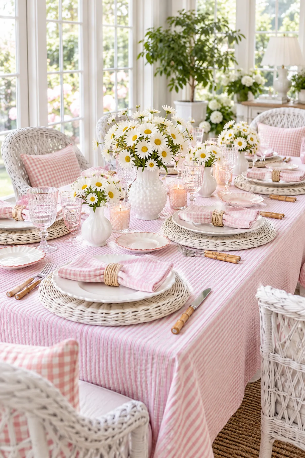 A pastel tablescape with pink seersucker linens and daisy centerpieces in a sunroom.