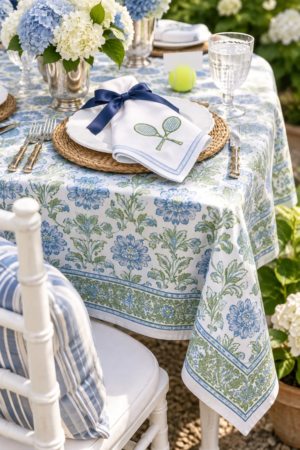 Overhead view of a table corner draped in a blue and green floral block print tablecloth.